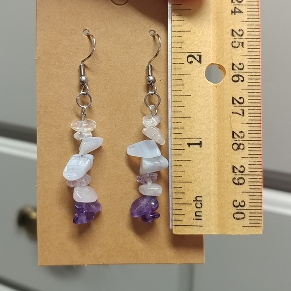 Amethyst Quartz Crystal Blue Lace Agate Earrings Natural Gemstone Chip Beaded - Picture 13 of 14